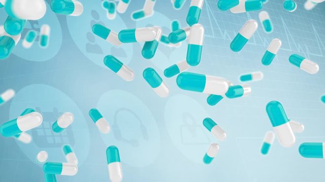 Animation of multiple blue and white pills falling down on blue icons background