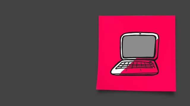 Animation of a drawing of laptop on a pink post-it on grey background