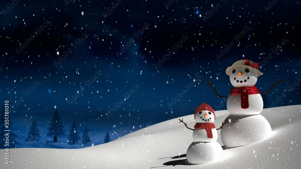Wall mural animation of a snowman and child standing in a field with christmas trees in the background