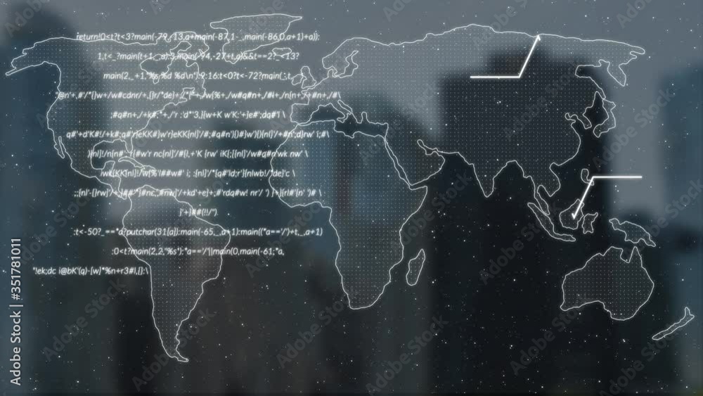 Poster animation of digital text information over a world map and moving white points of light