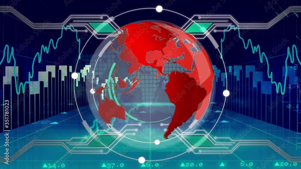 Poster animation of a globe spinning over blue data with statistics and graphs