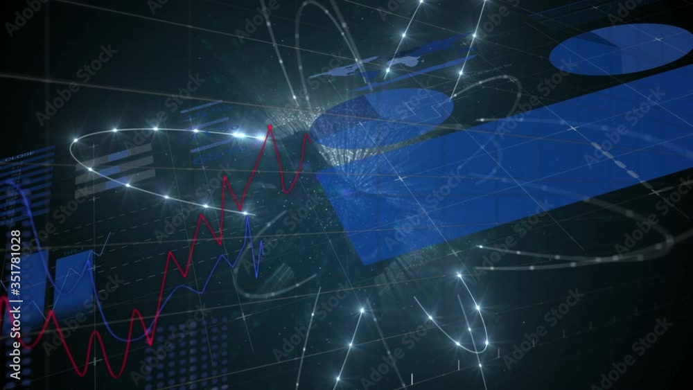 Poster animation of a shiny globe atom spinning over data statistics and graphs rolling
