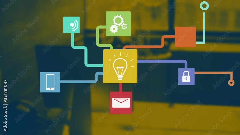 Poster animation of a growing network of connected colorful technology media icons and nodes moving