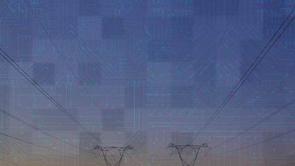 Animation of microprocessor connections over electrical pylons during a sunset - Powered by Adobe
