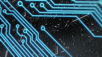 Animation of blue microprocessor connections over a black microprocessor