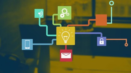 Animation of a growing network of connected colorful technology media icons and nodes moving - Powered by Adobe