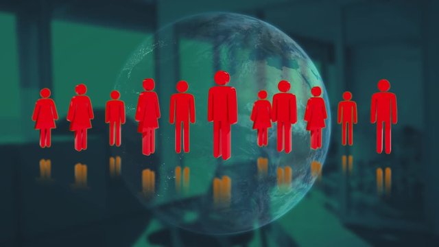 Animation of multiple red people icons floating over a globe spinning