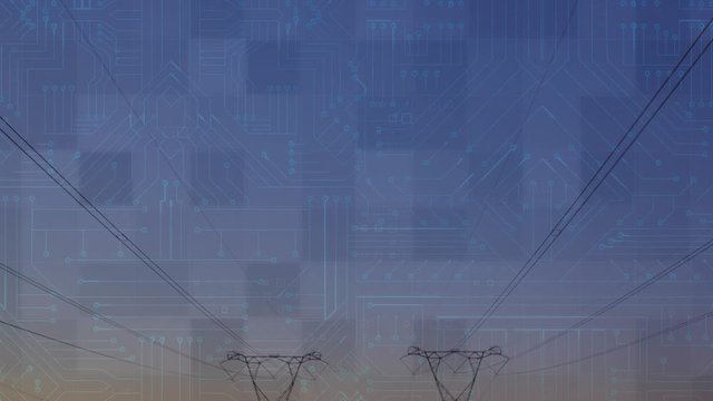 Animation of microprocessor connections over electrical pylons during a sunset