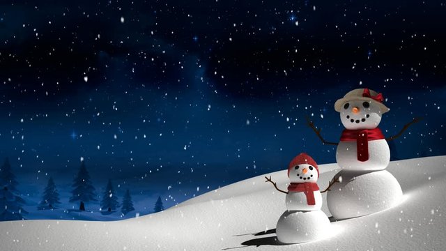 Animation of a snowman and child standing in a field with Christmas trees in the background