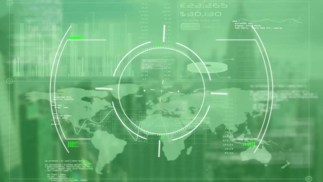 Animation of data processing and digital information over a green world map in background
