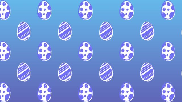 Animation of rows of decorated blue and white Easter eggs moving on a gradient blue background