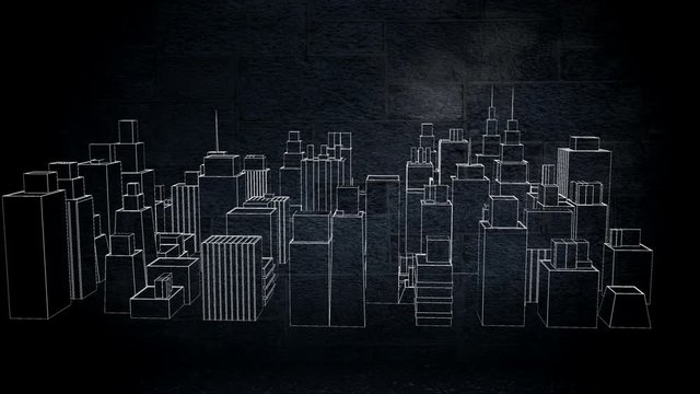Animation of a 3D city model rotating on black background