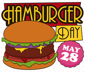 Colorful Retro Design with Burger and Labels for Hamburger Day, Vector Illustration