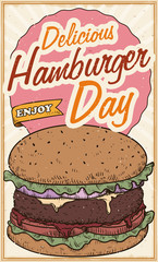 Retro Design with Burger Draw to Celebrate and Enjoy Hamburger Day, Vector Illustration