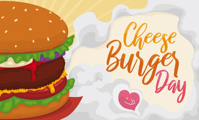 Steamy Burger with Heart and Greeting to Celebrate Cheeseburger Day, Vector Illustration