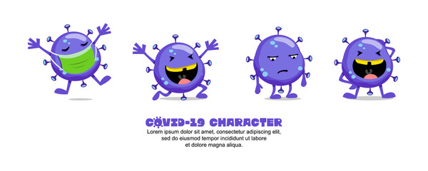 Blue Covid-19. Coronavirus cartoon inspiration design. mask, happy, sad and laugh
