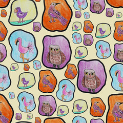 Cute bird watercolor pattern on beige background. Colorful birdie chick and birdhouse. Spring easter seamless pattern tile. Scandinavian ornament for kid birthday wrapping paper. Love bird wallpaper