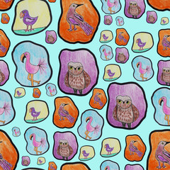 Cute bird watercolor pattern on beige background. Colorful birdie chick and birdhouse. Spring easter seamless pattern tile. Scandinavian ornament for kid birthday wrapping paper. Love bird wallpaper