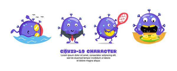 Blue Covid-19. Coronavirus cartoon inspiration design. swimming, business, tennis and feed