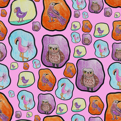 Cute bird watercolor pattern on beige background. Colorful birdie chick and birdhouse. Spring easter seamless pattern tile. Scandinavian ornament for kid birthday wrapping paper. Love bird wallpaper