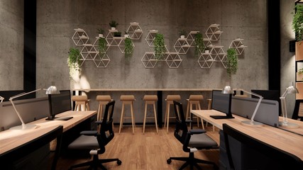 Interior Empty Modern Loft Office open space modern office footage.Modern open concept Lobby and reception area meeting room design. 3dRendering .