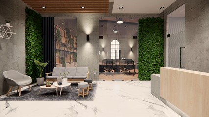 Interior Empty Modern Loft Office open space modern office footage.Modern open concept Lobby and reception area meeting room design. 3dRendering .