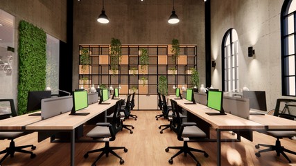 Interior Empty Modern Loft Office open space modern office footage.Modern open concept Lobby and reception area meeting room design. 3dRendering .