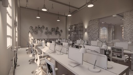 Interior Empty Modern Loft Office open space modern office footage.Modern open concept Lobby and reception area meeting room design. 3dRendering .