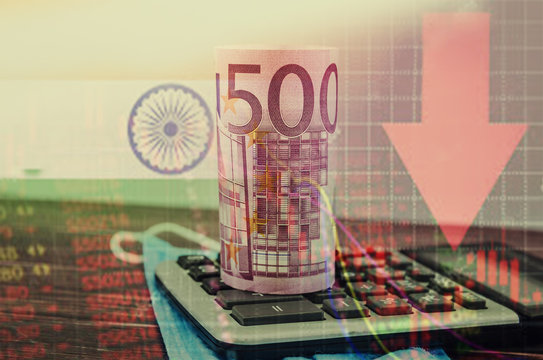 concept of the fall of the economy. The economic crisis. Euro on the background of business charts. Digital editing.