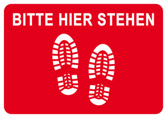 ibsn21 InformationBadgeSignNew ibsn - ds229 DiskretionSchild - Bodenaufkleber - german - Bitte hier stehen - social distancing - footprint. - human boot / shoe - sign for print. DIN A3 A2 A3 A4 g9664