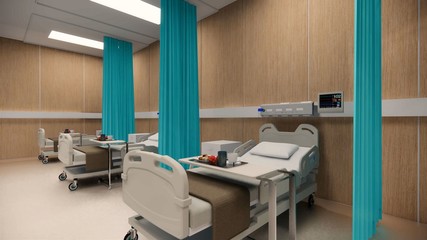 3d rendering. Interior hospital modern design . Row of empty hospital beds and various first aid medical equipment in empty emergency room Medical practice concept.4k