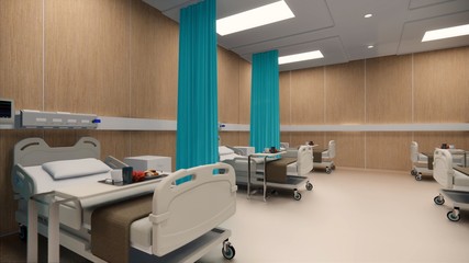 3d rendering. Interior hospital modern design . Row of empty hospital beds and various first aid medical equipment in empty emergency room Medical practice concept.4k