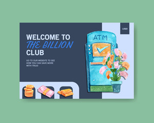 Facebook design template with finance,currency and money watercolor illustration.