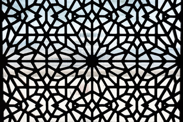 Metal protective grille for windows. Patterned window lattice grid - obrazy, fototapety, plakaty