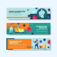 Disinfection banner design with spraying,cleaning,washing and disinfectant protect virus,bacteria and coronavirus or 2019-ncov