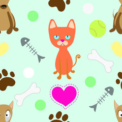 Naklejka na ściany i meble Seamless vector pattern with cute hand drawn dogs, cats and foot prints. Puppy kitten wallpaper background.