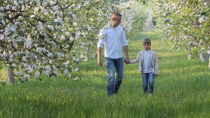Fototapeta premium father and son at blooming apple trees in the garden