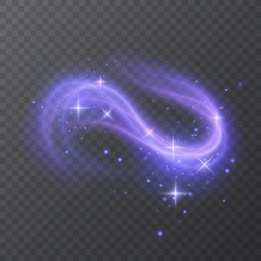 Glow effect of purple color with stars, Power energy, Shining neon cosmic streaks. Magic design of whirl. Swirl trail effect, Smooth wave. Light flow. Sci fi tech, Vector illustration