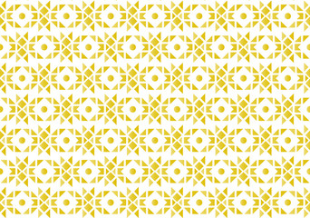 Vintage gold repeating star pattern formed of triangles, squares and dots on a white background