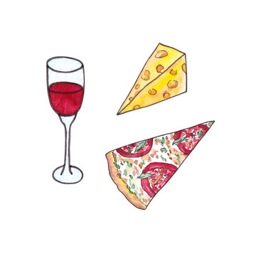 Glass of wine and cheese and slice of pizza, clip art, watercolor illustration on white background