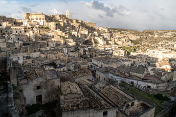 Ancient town of Matera, Basilicata, Italy. Its historical center "Sassi", along with the Park of the Rupestrian Churches, is considered a World Heritage Site by UNESCO since 1993