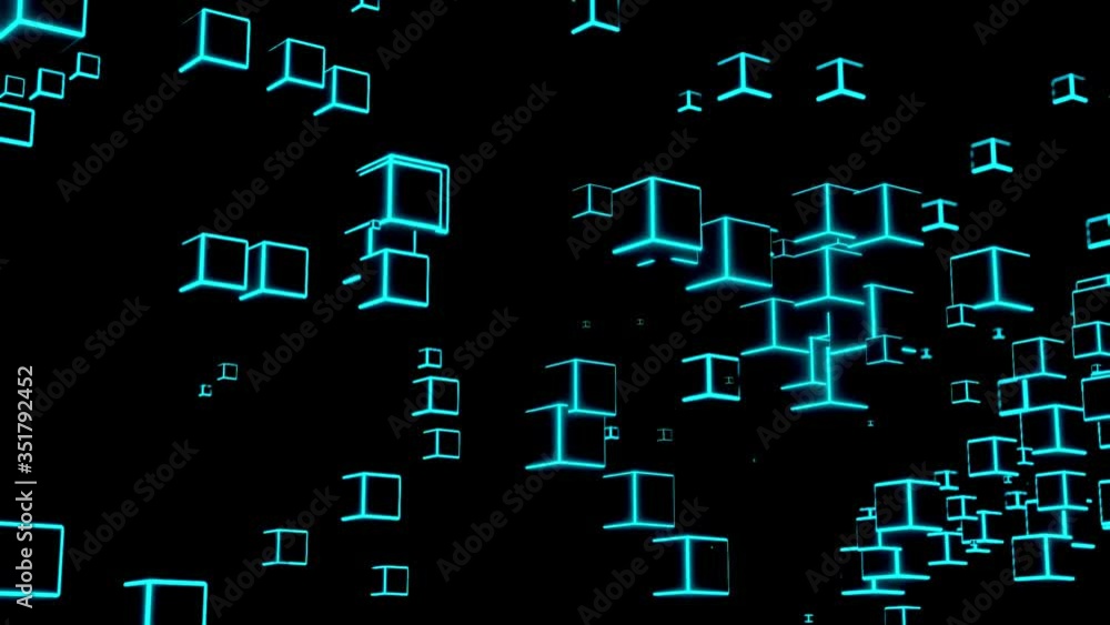 Poster neon light cube block network futuristic flying matrix digital technologic animation 3d rendering