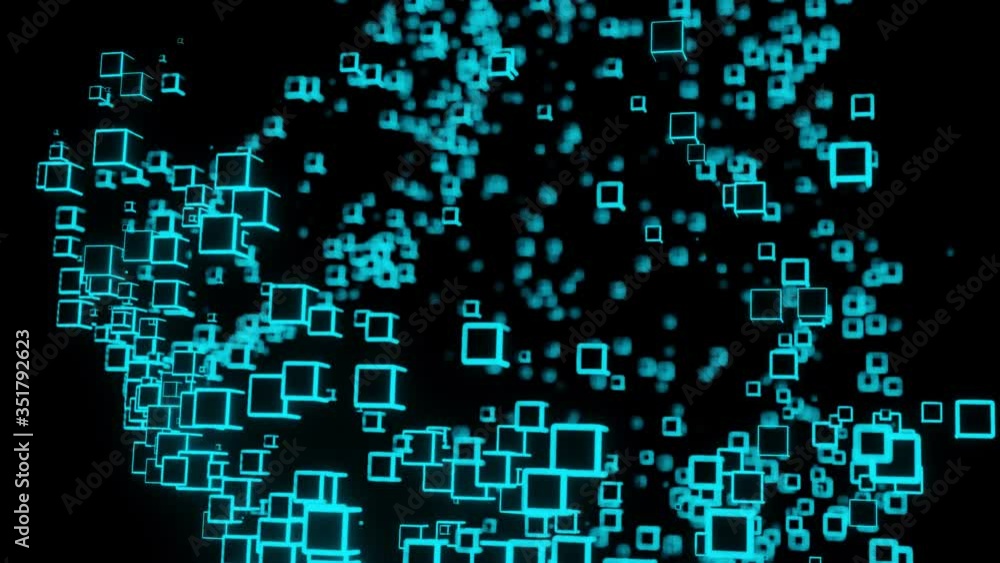 Poster neon light cube block network futuristic flying matrix digital technologic animation 3d rendering