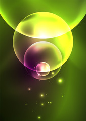 Glowing neon shiny transparent bubbles, glass circles or bio cell concept. Techno futuristic vector abstract background For Wallpaper, Banner, Background, Card, Book Illustration, landing page