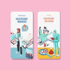 healthcare flyer design with Medical equipment and medical staff banners with highly technological devices doctors and patients vector illustration