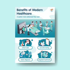information healthcare template design with medical staff and doctors and patients watercolor illustration