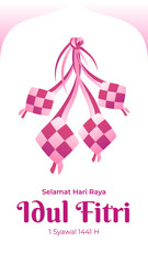 Fototapeta premium Selamat Hari Raya Idul Fitri greeting card with pink color ketupat vector to celebrating Eid al fitr for potrait banner illustration. ( translation:Eid mubarak of Celebration, Ketupat rice)