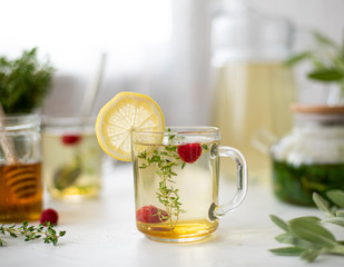 hot herbal tea with mint in a glass bowl