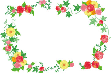 薔薇とガーベラとつたの葉の文字スペースのあるベクターイラスト