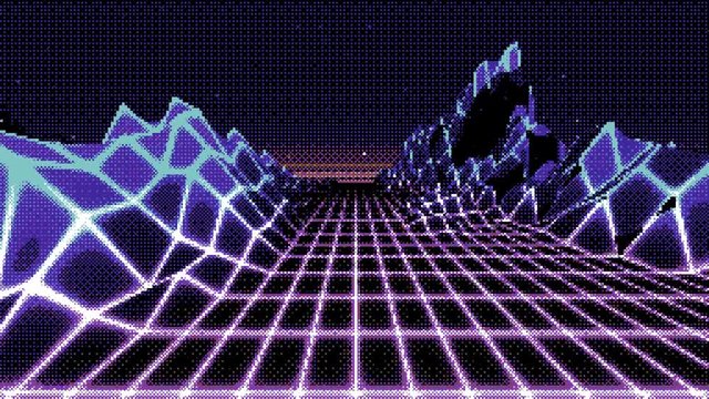 dithered 80s retro background loop animation. Retrowave horizon landscape with neon lights and low poly shaded terrain